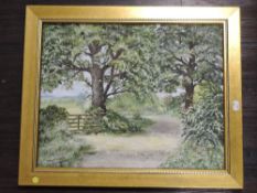 Patrica Darlington, (contemporary), an oil painting, woodland lane, signed, 39 x 49cm, framed, 49