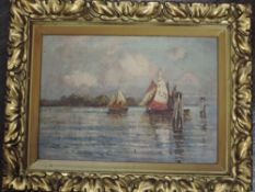 (20th century), an oil painting, sailing boats, 24 x 34cm, fancy gilt plaster framed, 37 x 47cm, (