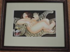 Beryl Cook, (1926-2008), after, a print, Nude on Leopard Skin, 11 x 17cm, mounted framed and glazed,