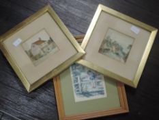 (20th century), a pair of watercolours, village scenes, 10 x 10cm, mounted framed and glazed, 23 x