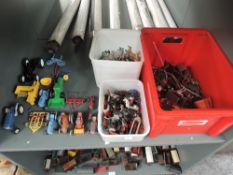 A shelf of Plastic and Lead Figures and Accessories including Britains, Lone Star, Dinky and