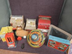 A collection of vintage Children's Toys including St Michaels metal Shop Till, two plastic Casdon