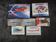 Seven plastic and metal Kits, Burago 1:24 metal Volkswagen, PM Model 1:72 plastic F-5A x2, Airfix