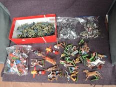 Two boxes of plastic Timpo, Britains and similar Army, Wild West, Knights, Ancient Greek Figures and