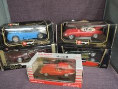 Five Burago, Majorette and Guiloy 1:18 and 1:24 scale diecasts, all boxed
