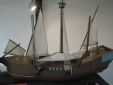 A wooden hand built model Sail Boat, pirate ship style with crows nest and rigging, length 120cm,