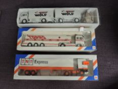 Three Lion Toys 1:50 scale diecast Wagons, TNT Express, Wolf and Topas, all boxed