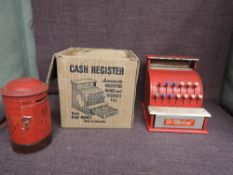 A vintage childs Shop Till St Michael in original box along with a Post Office Letter Box money box