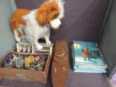 A collection of Britains and similar Lead Animals and accessories, a wooden model boat and a dog