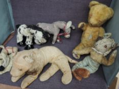 Six mid 20th century straw filled and similar Soft Toys, Yellow plush hand stitched Lion and Jointed