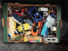 A box of playworn diecasts including mixed vintage Corgi, Tonka, Matchbox etc