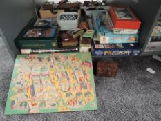 A shelf of vintage games including Operation, Buccaneer, Poleconomy, Skirrid, Abbott Toys Zoo Zag,