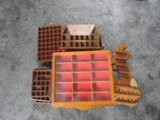 A collection of wooden stained frame Display Shelves, some glazed