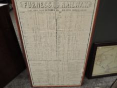 A Furness Railways Time Table bearing date October 1st 1912, in stain framed frame