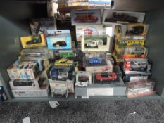 A shelf of modern diecasts including Vanguards, Saico, Matchbox, Oxford etc, all boxed approx 50