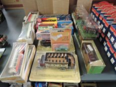 A collection of diecast and plastic vehicles including Brumm, Matchbox, Plastic Kit Trams etc, al
