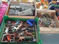 Three boxes of plastic Soldiers, Animals and Accessories including Britains, Timpo, Kelloggs and