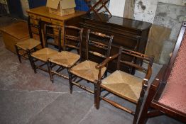 A group of five 19th century rush seated chairs. Various sizes, some damages.