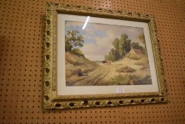 A Victorian watercolor, rural scene with and figures, indistinctly signed, within card mount and