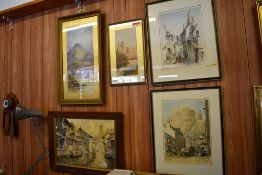 E M Earp, a lakescene watercour with boats and figures, signed lower right , mounted, framed and