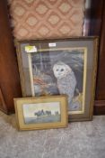 A 20th century collage depicting a perched owl, mounted, framed and glazed and sold together with