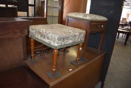 An Edwardian mahogany piano stool with padded seat and drawer 55CM. X50CM. Sold together with a