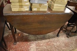 1920s mahogany dropleaf table with demilune leaves, turned supports and pad feet. 72CM. X. 129CM
