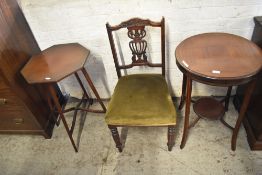 Two Edwardian mahogany occasional tables sold together with a Victorian mahogany single chair.