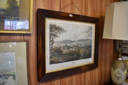After L Clark, a 19th century coloured engraving 'The Town of Melrose' within a gilt slip and walnut