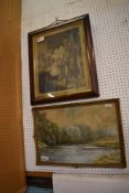 An early 20th century river scene watercolour, unsigned. Sold together with a Victorian engraving, a