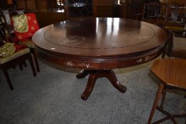 A large modern Chinese Mother of Pearl Inlaid hardwood circular pedestal dining table. 82CM. X.
