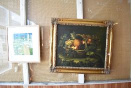 A 20th century oil on canvas, still life study, depicting a fruit basket with foliage within a