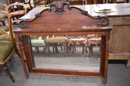 A Victorian mahogany sideboard mirror back, with scrolled cresting and turned uprights, 99CM. X.