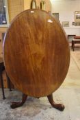 A Victorian mahogany Loo table, of oval form with snap top action and three carved legs. 130CM