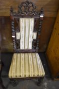 Victorian carved oak upholstered hall chair with carved and pierced crest rail, barley twist columns