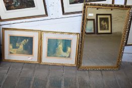 A modern and beveled wall mirror sold together with two 20th century colour prints.