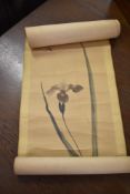 A Japanese hand decorated scroll depicting orchid with bee, seal and character marks, sold
