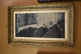 An early 20th century, oil on canvas, cascading waterfall, unsigned, within gilt slip and moulded
