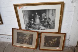 A Victorian monochrome print, gilt framed and sold together with two horse related prints.