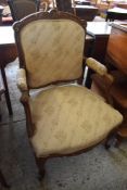 A continental mahogany part upholstered armchair, with scroll moulded decoration. Seat 42CM.