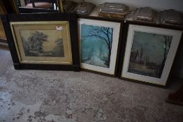A 19th century monochrome engraving, rural scene within a geometrically carved oak frame. sold