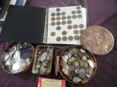 A box of mainly GB Coins, World Coins also seen, large amount, in three tins and one album