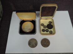A collection of Medallions, Coins and Badges including The Queens 80th Birthday Silver Medallion