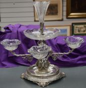An impressive late Victorian silver plate and etched-glass epergne centrepiece, the fluted and