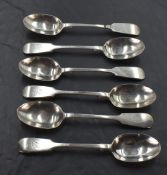 A set of six Victorian silver fiddle pattern tea spoons, with pip reverse and monogrammed with the