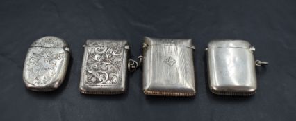 A group of four silver vesta cases, various styles, age and makers, gross weight 90grams.