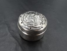 An Edwardian silver baby powder caster, of cylindrical form, the cover pierced and embossed with a