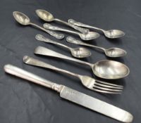 A group of mixed silver flatware and cutlery, comprising a set of six Kings pattern coffee spoons,