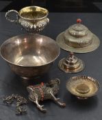 A group of mixed Eastern white metal, to include two stepped circular urn covers, a coral inset