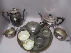 A selection of tea wares including a silver plated tea set and Knighthood pewter tea set with tray